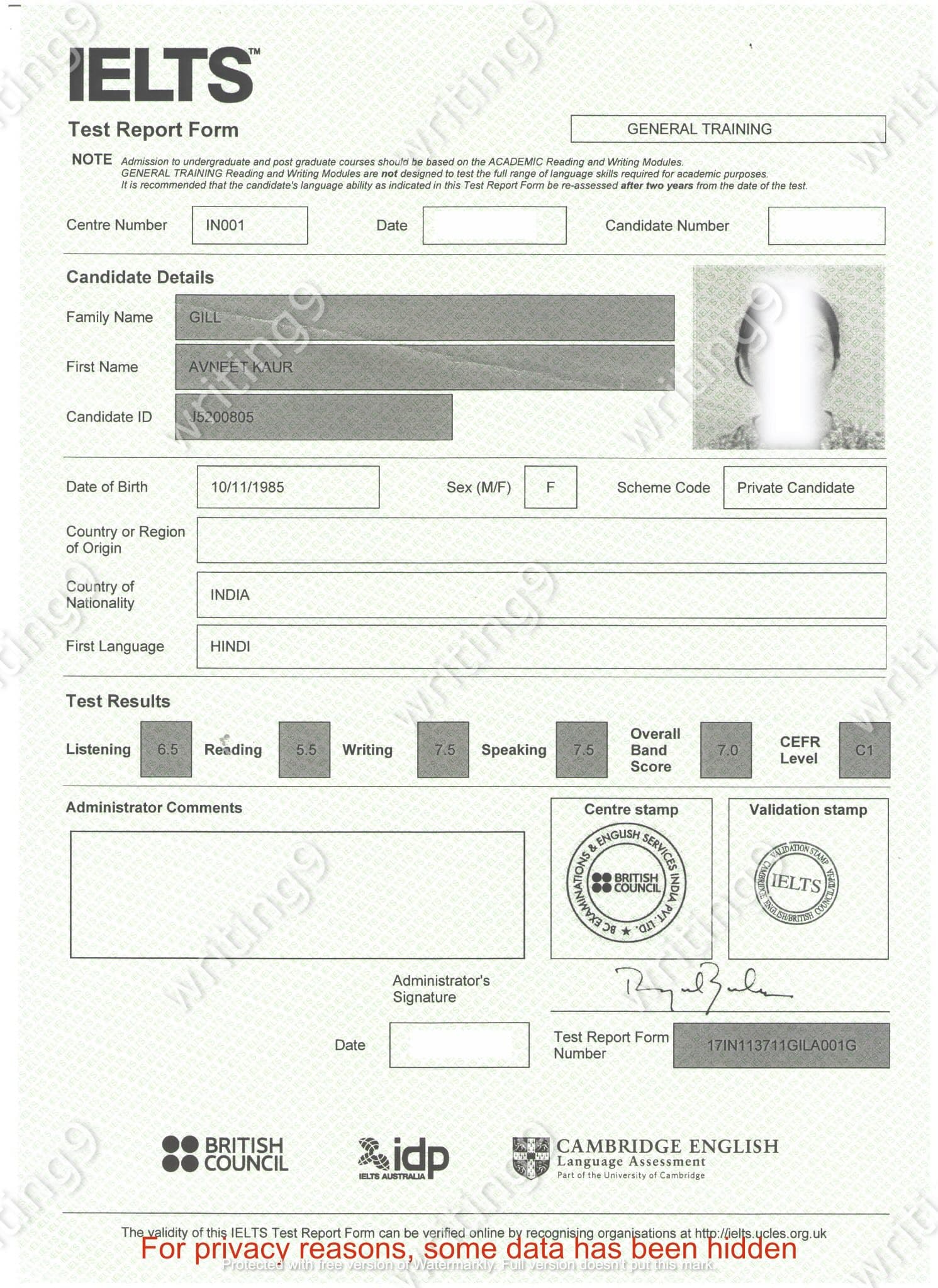 Gill Avneet K.'s IELTS certificate